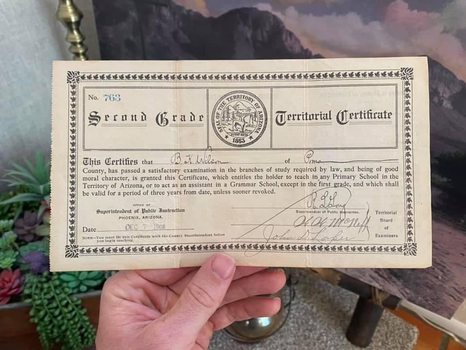 Arizona Territorial Teaching Certificate (1908)